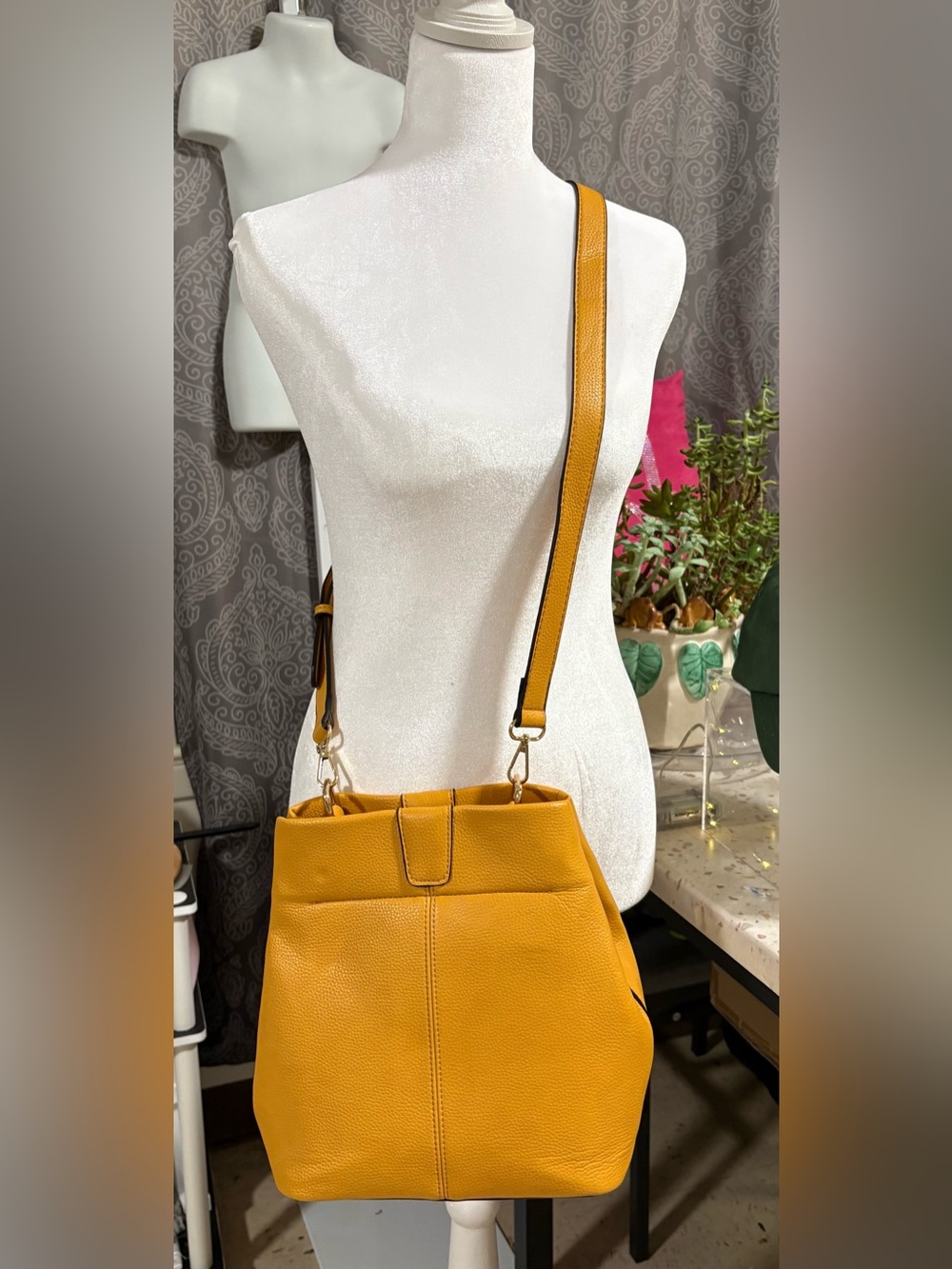 Joy Susan Pebbled Mustard Vegan Leather Classic Hobo Tote - Picture 10 of 17